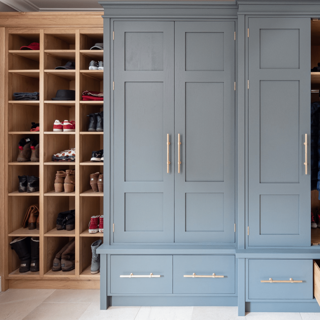Shoe nook in grey painted boot room